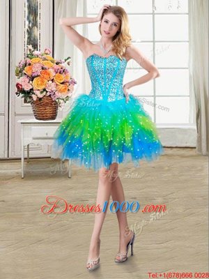 Three Piece Sleeveless Floor Length Beading and Ruffled Layers Lace Up 15 Quinceanera Dress with Multi-color