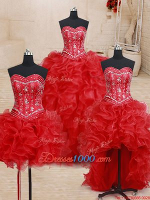 Four Piece Sweetheart Sleeveless Quinceanera Gowns Floor Length Beading and Ruffles Red Organza