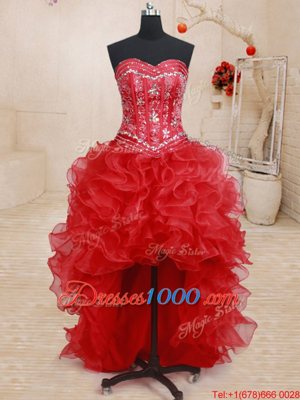 Four Piece Sweetheart Sleeveless Quinceanera Gowns Floor Length Beading and Ruffles Red Organza