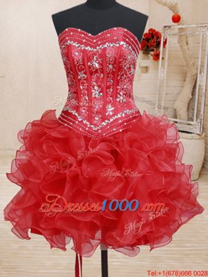 Four Piece Sweetheart Sleeveless Quinceanera Gowns Floor Length Beading and Ruffles Red Organza