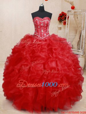 Four Piece Sweetheart Sleeveless Quinceanera Gowns Floor Length Beading and Ruffles Red Organza