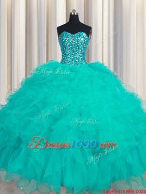 Elegant Floor Length Turquoise Sweet 16 Quinceanera Dress Organza Sleeveless Beading and Ruffles