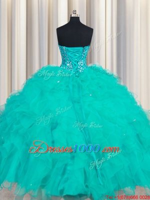 Elegant Floor Length Turquoise Sweet 16 Quinceanera Dress Organza Sleeveless Beading and Ruffles