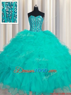 Elegant Floor Length Turquoise Sweet 16 Quinceanera Dress Organza Sleeveless Beading and Ruffles