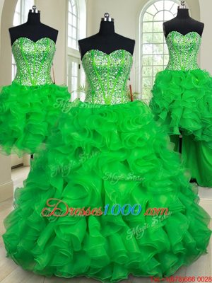 Hot Selling Four Piece Beading and Ruffles Quinceanera Dresses Green Lace Up Sleeveless Floor Length