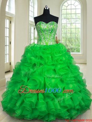 Hot Selling Four Piece Beading and Ruffles Quinceanera Dresses Green Lace Up Sleeveless Floor Length