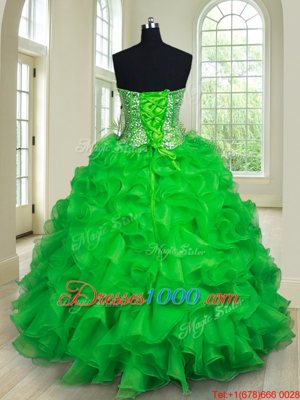 Hot Selling Four Piece Beading and Ruffles Quinceanera Dresses Green Lace Up Sleeveless Floor Length