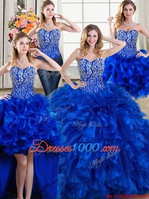 Deluxe Four Piece Royal Blue Ball Gowns Organza Sweetheart Sleeveless Beading and Ruffles Lace Up Quinceanera Gowns Brush Train