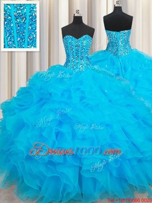Baby Blue Sleeveless Organza Lace Up 15 Quinceanera Dress for Military Ball and Sweet 16 and Quinceanera