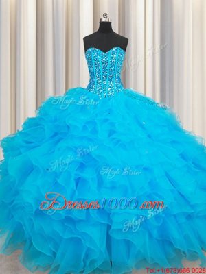 Baby Blue Sleeveless Organza Lace Up 15 Quinceanera Dress for Military Ball and Sweet 16 and Quinceanera