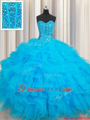 Baby Blue Sleeveless Organza Lace Up 15 Quinceanera Dress for Military Ball and Sweet 16 and Quinceanera