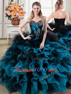 Luxury Sweetheart Sleeveless Organza and Tulle Quince Ball Gowns Beading and Ruffles and Hand Made Flower Lace Up