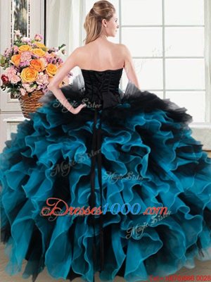 Luxury Sweetheart Sleeveless Organza and Tulle Quince Ball Gowns Beading and Ruffles and Hand Made Flower Lace Up