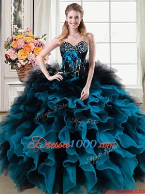 Luxury Sweetheart Sleeveless Organza and Tulle Quince Ball Gowns Beading and Ruffles and Hand Made Flower Lace Up