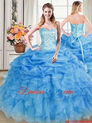 Flare Blue Lace Up Sweetheart Beading and Ruffles and Pick Ups Vestidos de Quinceanera Organza Sleeveless