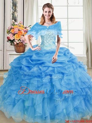 Flare Blue Lace Up Sweetheart Beading and Ruffles and Pick Ups Vestidos de Quinceanera Organza Sleeveless