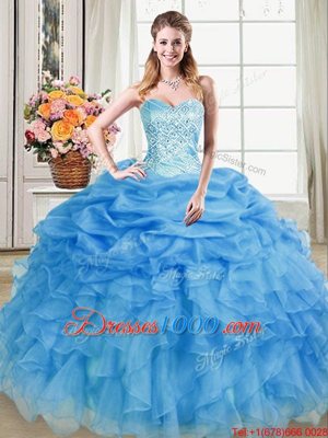 Flare Blue Lace Up Sweetheart Beading and Ruffles and Pick Ups Vestidos de Quinceanera Organza Sleeveless