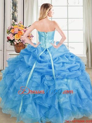 Flare Blue Lace Up Sweetheart Beading and Ruffles and Pick Ups Vestidos de Quinceanera Organza Sleeveless