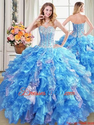 Baby Blue Lace Up Sweetheart Beading and Ruffles and Sequins 15th Birthday Dress Organza Sleeveless