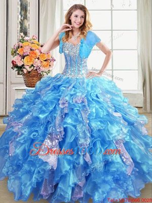 Baby Blue Lace Up Sweetheart Beading and Ruffles and Sequins 15th Birthday Dress Organza Sleeveless