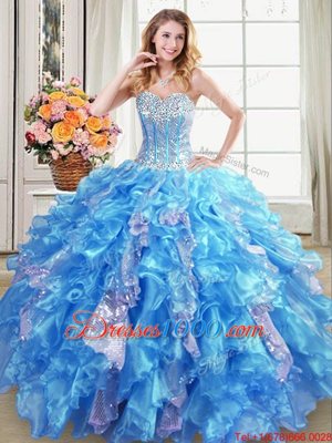 Baby Blue Lace Up Sweetheart Beading and Ruffles and Sequins 15th Birthday Dress Organza Sleeveless