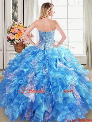 Baby Blue Lace Up Sweetheart Beading and Ruffles and Sequins 15th Birthday Dress Organza Sleeveless