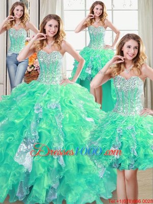 Free and Easy Four Piece Sequins Floor Length Turquoise 15th Birthday Dress Sweetheart Sleeveless Lace Up