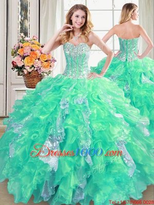 Free and Easy Four Piece Sequins Floor Length Turquoise 15th Birthday Dress Sweetheart Sleeveless Lace Up