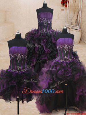 Artistic Four Piece Black and Purple Sweet 16 Dresses Military Ball and Sweet 16 and Quinceanera and For with Beading and Ruffles Strapless Sleeveless Lace Up