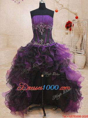 Artistic Four Piece Black and Purple Sweet 16 Dresses Military Ball and Sweet 16 and Quinceanera and For with Beading and Ruffles Strapless Sleeveless Lace Up