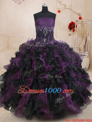Artistic Four Piece Black and Purple Sweet 16 Dresses Military Ball and Sweet 16 and Quinceanera and For with Beading and Ruffles Strapless Sleeveless Lace Up