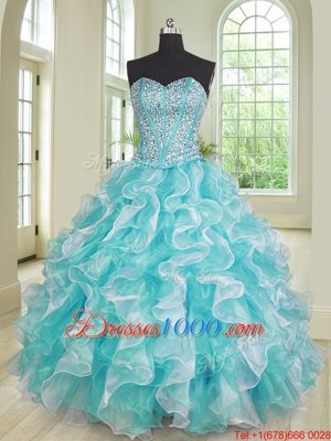 Three Piece Organza Sweetheart Sleeveless Lace Up Beading and Ruffles Ball Gown Prom Dress in Blue And White
