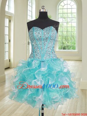Three Piece Organza Sweetheart Sleeveless Lace Up Beading and Ruffles Ball Gown Prom Dress in Blue And White