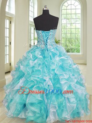 Three Piece Organza Sweetheart Sleeveless Lace Up Beading and Ruffles Ball Gown Prom Dress in Blue And White