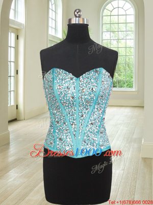 Three Piece Organza Sweetheart Sleeveless Lace Up Beading and Ruffles Ball Gown Prom Dress in Blue And White