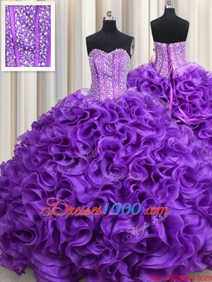 Fabulous Eggplant Purple Fabric With Rolling Flowers Lace Up Sweetheart Sleeveless Floor Length Quinceanera Dress Beading