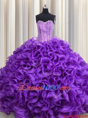 Fabulous Eggplant Purple Fabric With Rolling Flowers Lace Up Sweetheart Sleeveless Floor Length Quinceanera Dress Beading