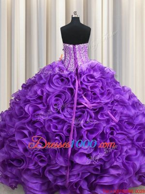 Fabulous Eggplant Purple Fabric With Rolling Flowers Lace Up Sweetheart Sleeveless Floor Length Quinceanera Dress Beading