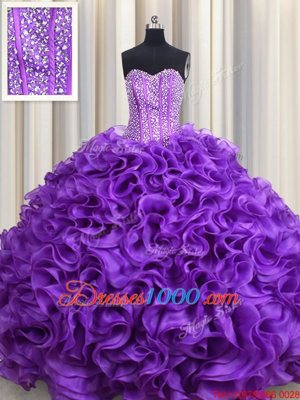 Fabulous Eggplant Purple Fabric With Rolling Flowers Lace Up Sweetheart Sleeveless Floor Length Quinceanera Dress Beading