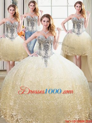 Four Piece Champagne Quince Ball Gowns Military Ball and Sweet 16 and Quinceanera and For with Beading and Lace Sweetheart Sleeveless Lace Up