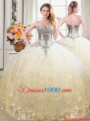 Four Piece Champagne Quince Ball Gowns Military Ball and Sweet 16 and Quinceanera and For with Beading and Lace Sweetheart Sleeveless Lace Up