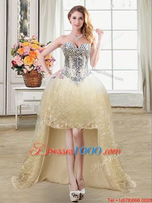 Four Piece Champagne Quince Ball Gowns Military Ball and Sweet 16 and Quinceanera and For with Beading and Lace Sweetheart Sleeveless Lace Up