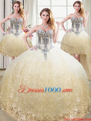 Four Piece Champagne Quince Ball Gowns Military Ball and Sweet 16 and Quinceanera and For with Beading and Lace Sweetheart Sleeveless Lace Up