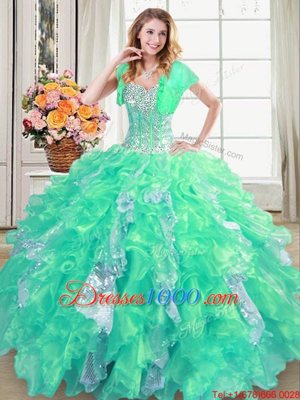 Sleeveless Floor Length Beading and Ruffles and Sequins Lace Up Quince Ball Gowns with Turquoise