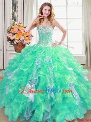 Sleeveless Floor Length Beading and Ruffles and Sequins Lace Up Quince Ball Gowns with Turquoise