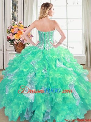 Sleeveless Floor Length Beading and Ruffles and Sequins Lace Up Quince Ball Gowns with Turquoise