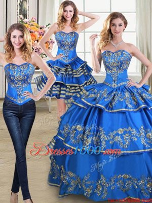 Stylish Three Piece Blue Sleeveless Beading and Embroidery and Ruffled Layers Floor Length Vestidos de Quinceanera