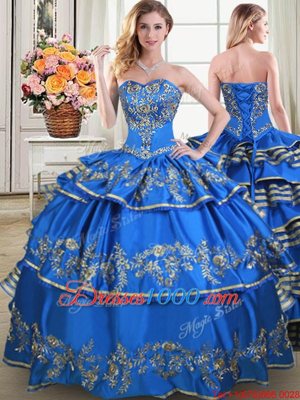 Stylish Three Piece Blue Sleeveless Beading and Embroidery and Ruffled Layers Floor Length Vestidos de Quinceanera