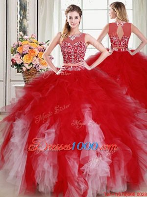 Stunning Scoop Sleeveless Zipper Sweet 16 Quinceanera Dress White and Red Tulle