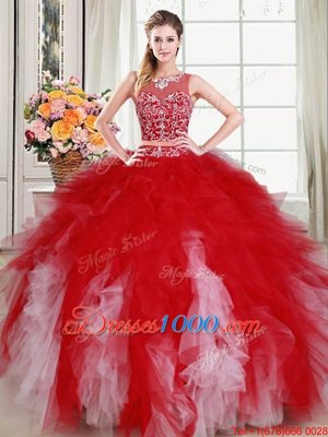 Stunning Scoop Sleeveless Zipper Sweet 16 Quinceanera Dress White and Red Tulle